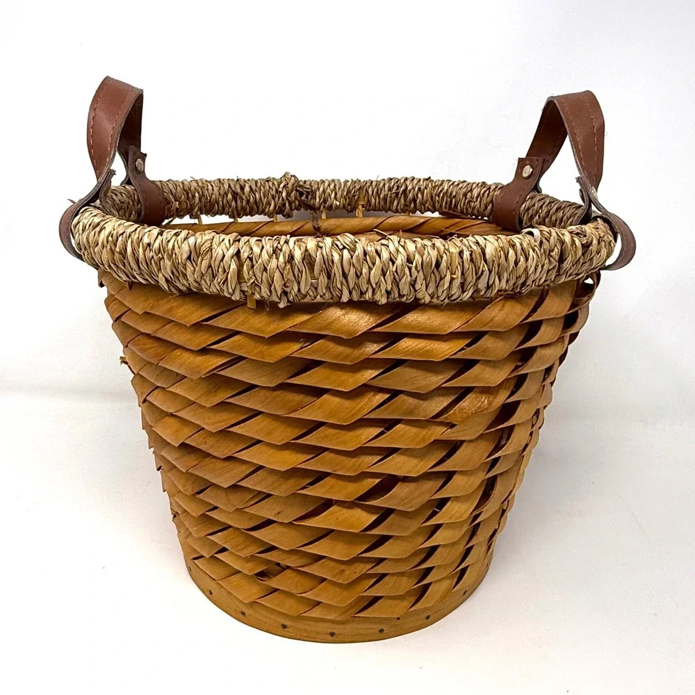 Rustic Woven Wood Basket with Seagrass Rim and Leather Handles Brown 11x8